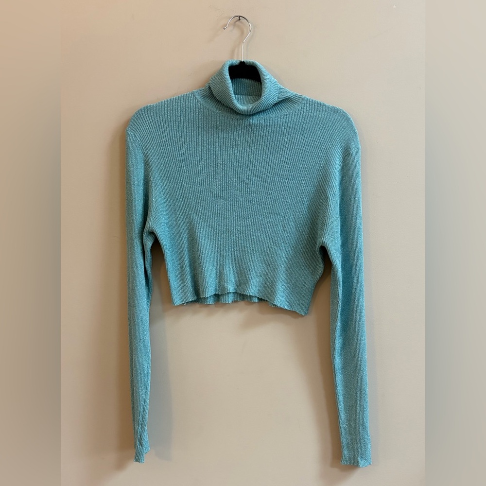 Bisou Jeans Y2K Blue Metallic Silk Long Sleeve Cropped Turtleneck Crop Top Shirt